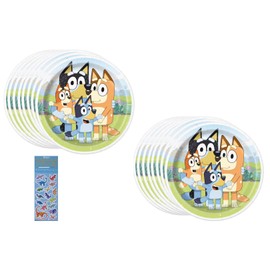 Unique Bluey Birthday Party Supplies Bundle Pack includes Lunch Paper Plates - 16 Count and 1 Dinosaur Sticker Sheet