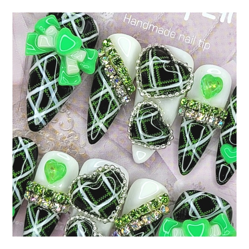 Green Gyaru Cosplay Handmade Nail Tips - Oval S /