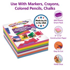 Colorations Construction Paper for Kids - 7 Bright Colors - 600 Bulk Sheets of 9"X12" - Assorted Pack of Heavy-Duty Craft Paper, Bulk School Supplies