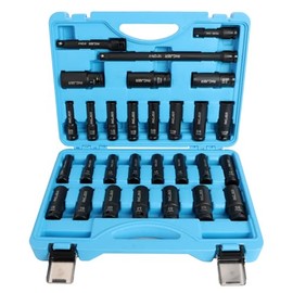 1/2" 29PCS Impact Socket Set, Mechanic Tool Set,SAE (3/8"-1") & Metric (10-24mm), Standard & Deep Sockets with Extension Bars. CR-MO Steel, High Torque, Ideal for Truck Bearing Locknut