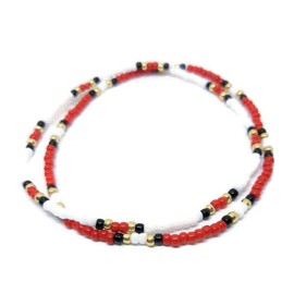 Black, red, gold, and white stretch anklets. Minimalist stacking anklets. Seed bead elastic cord ankle bracelets. 2 piece set.