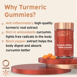 Nutriburst Turmeric Curcumin with Black Pepper Extract Multipack - Powerful Antioxidants & Anti-inflammatory, Joint & Muscle Health - Vegan & Sugar Free - 3 x 60 Ginger Gummies - 3 Mon Supply