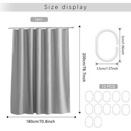WOODFIB Shower Curtain, 100% PEVA Waterproof Anti-Mould Proof Resistant, Quick-Drying, Washable Bathroom Curtain, Includes 12 Pcs Curtain Hooks, 180 x 200 cm (Grey)