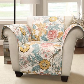 Lush Decor Sydney Furniture Protector, Arm Chair, 71" W x 75" L, Blue & Yellow - Flower Leaf Garden - Quilted Floral Chair Cover - Country Cottage Slipcover - Pet Protector For Chair