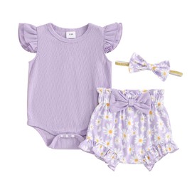 Hnyenmcko Newborn Baby Girl Clothes Daisy Print Fly Sleeve Romper Ruffle Bloomer Shorts Headband Set Infant Summer Outfits (B-A Purple, 3-6 Months)