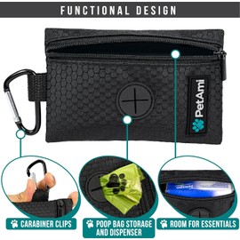 PetAmi - Soporte para bolsa de caca para perro para correa, dispensador de bolsas de desechos con clip, bolsa de golosinas, accesorios para caminar y acampar con rollo de bolsas de basura, color gris