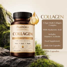 PushOn+ Advanced Formula Collagen Capsules – 5-Type Multi Collagen Complex with Hyaluronic Acid – Food Supplement for Skin, Hair & Nails – 120 Capsules