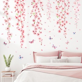 Cherry Blossom Flower Vine Wall Sticker Peel and Stick, Vinyl Haing Floral Wall Decal, Hanging Vine Wall Decor Art Home Decoration for Living Room Bedroom