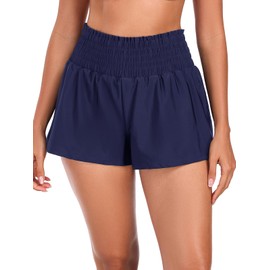 Colloyes Women's High Waisted Board Shorts Quick Dry Swim Shorts with Boxer Liner Pockets Navy Blue Size Large