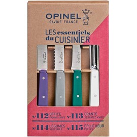 Opinel Les Essentials Small Kitchen 4 Piece Knife Set - Paring Knife, Serrated Knife, Peeler, Vegetable Knife, Corrosion Resistant High Carbon Steel, Made in France (Art Deco)