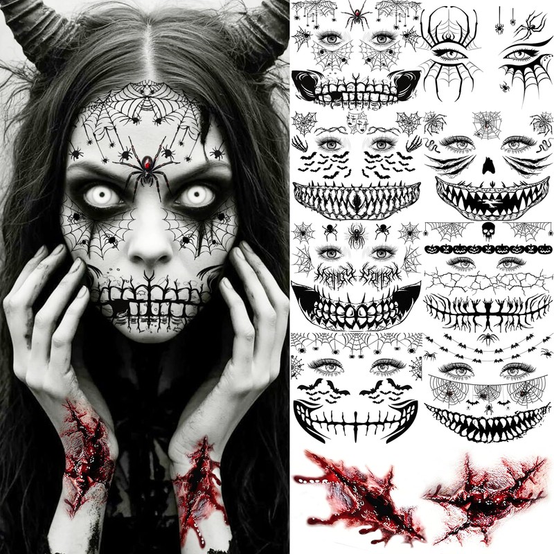 10 Sheets Scary Face Tattoos Halloween Temporary Tattoos Horrible Stitch