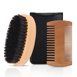 Men's Beard Brush Kit with Pearwood Comb and Boar Bristle Beard Brush, Beard Grooming Tools for Home and Barbershop