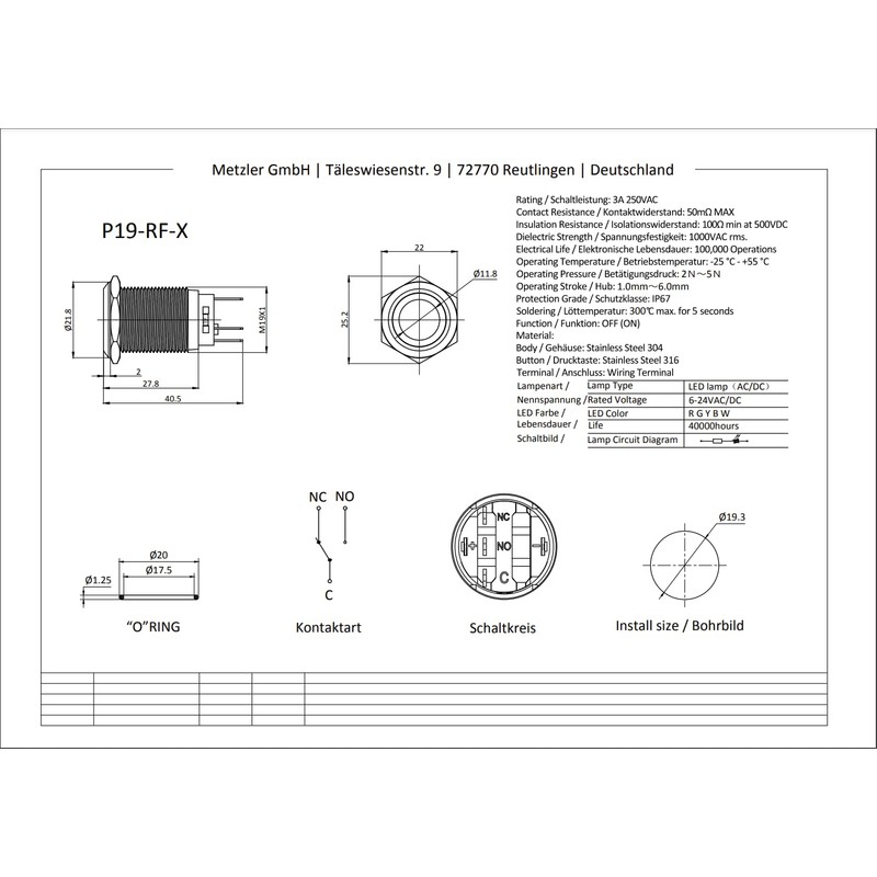 Metzler - Pressure Switch 19mm - LED Ring Lighting Red