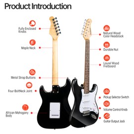 MOSEN 39in Full Size Beginner Electric Guitar Starter Kit, Beginner Starter, with Amplifier, SSS Pickups, Gig Bag, Pick, Tunner, Capo, Cable, Tremolo Bar, Wiping cloth - Black