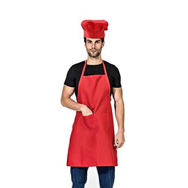Red Chef hat and Apron for Adults Men Women, Cooking Grilling BBQ Chef Apron and Hat Set. (1, Red)