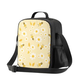 VunKo Bees Daisy Flower Kids Insulated Lunch Bag Small Cute Thermal Tote Bag Built Back to School Lunch Bags with Water Bottle Holder Shoulder Strap for Teens Girls Boys