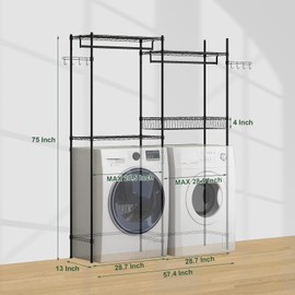 Takywep Laundry Room Clothes Drying Rack, Over The Washer and Dryer Storage Shelf, Clothes Drying Rack with Laundry Hamper and Hooks, Bathroom Space Saving Shelf, 57.4" W x 75" H x 13" D