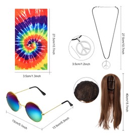 Norme 5 Pieces Mardi Carnival Hippie Costume for Men Women 70s Tie Dye T-Shirt Peace Sign Necklace Headband Wig Sunglass(Modern, XX-Large)