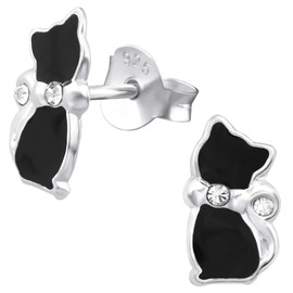 JAYARE Children's Earrings Silver 925 Girls - Black Cat Stud Earrings 10 mm with Glitter Crystals - Cat Studs, Sterling Silver, Crystal