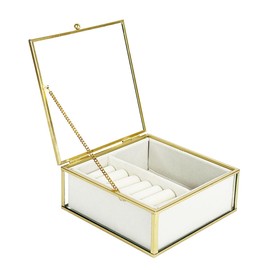 Ylu Yni Glass Jewelry Organizer Box Clear Keepsake Case with Gold Frame with Velvet Trinket Tray, Display Box for Earring Ring, Necklace, Accessories, Small (White)