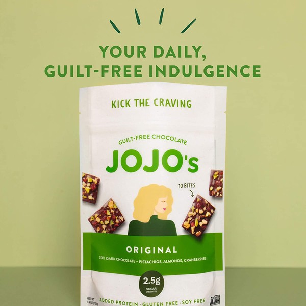 JOJO's Original Guilt-Free Chocolate Bites I 2.5g Sugar Per Bite I Pistachios, Almonds, Cranberries, and Plant Based Protein - 3.9oz Bag(4 count) I Low Carb I Low Sugar I Paleo & Vegan Friendly