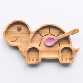 Moon and Moo Tortoise Bamboo Suction Plate and Spoon Set for Kids, Toddlers and Baby Weaning - Non-Toxic – Plastic Free - Stay Put - Baby Suction Plate - Baby Weaning Set (Pink)