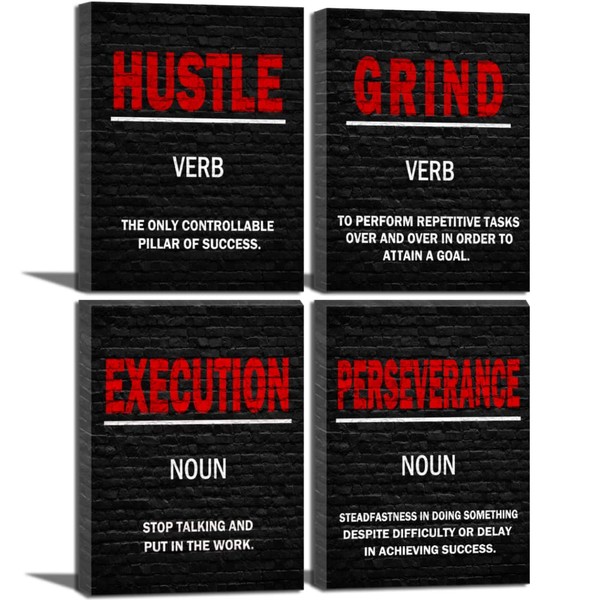 Grind Hustle Execution Perseverance Inspirational Wall Art Black and Red