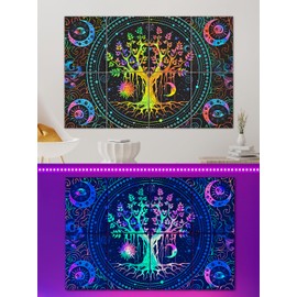 AtawLege 8 Pack Blacklight Art Acoustic Panels, 48"X32" Self-adhesive UV Reactive Soundproof Wall Panels, Decorative Sound Absorbing Panel, Acoustic Treatment for Studio, Home, Office (Tree of Life)