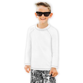 Made in USA Big Boys and Girls Solid Rashguard Swimming Tee Shirt Rash Guard SPF UPF Sun Protection for Summer Beach Pool and Play, L/S White, 14