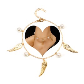 Pearl Angel Wings Anklet Bracelet Boho Faux Pearl Anklet Beads Summer Beach Foot Chain Jewelry for Women Girls (Gold)