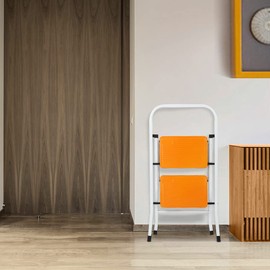 Step Ladder 2 Step Folding, Lightweight Portable Step Stools for Adults with Wide Anti-Slip Pedals, Short handrails, 330lbs Capacity, 2 Step Ladder for Kitchen, Household and Office, White & Yellow