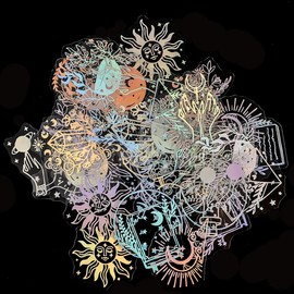 Magic Holographic Stickers – 45 Pcs Transparent PET Decals with Witchy, Celestial Designs for Scrapbooking, Journaling & DIY Crafts – Waterproof, Aesthetic Stickers for Laptop, Water Bottle, Phone