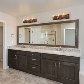 Bathroom Light Fixtures, 3-Light Rustic Vanity Lights, Farmhouse Bathroom Vanity Light with Seeded Glass Shade, Faux Wood & Antique Brown Hand-Brushed Finish (22'' L x 7'' W x 6.5'' H)