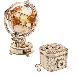 ROKR 3D Wooden Puzzles for Adults Bundle Set - Illuminous Globe & Treasure Puzzle Box, Unique Gift Hobby for Boys Girls Family