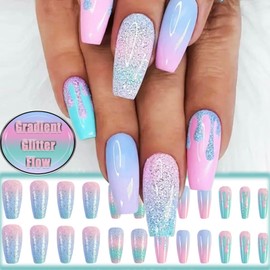 Coquette 24Pcs Rainbow Gradient Coffin Nails with Macaron Design - Sparkly Medium Glossy Glitter Manicure Art Acrylic False Nails