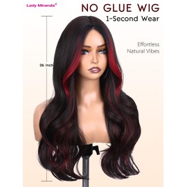 Lady Miranda 26 Inch Red and Black Long Wavy Wig Black Wig with Ombre Red Highlights Curtain Bang Wigs for Women Daily Part Use(Black and Red Color, 26 Inch)