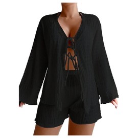 Verdusa Women's 2 Piece Sheer Bikini Cover Up Sets Bow Tie Long Sleeve Top and Shorts Sets Black Medium