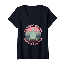 Womens Plastic Sucks Save A Turtle V-Neck T-Shirt