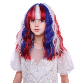 Edivd Girls Red White and Blue Wig Kids Short 4th of July Wig with Air Bangs Children Fourth of July Wavy Curly Wigs Heat Resistant Synthetic Wigs with Cap