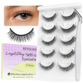 BEYELIAN Self Adhesive Eyelashes Reusable Press on Lashes, Pre Glued Eyelashes No Glue Need, Wispy Natural Look Faux Mink False Eyelashes 5 Pairs