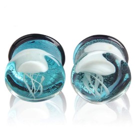 NewZenro Glass Ocean Jellyfish Color Ear Plugs Gauges Tunnel Expanders Stretcher Unique Earrings Double Flared Piercings Body Jewelry Blue Red Set (9/16"(14mm))