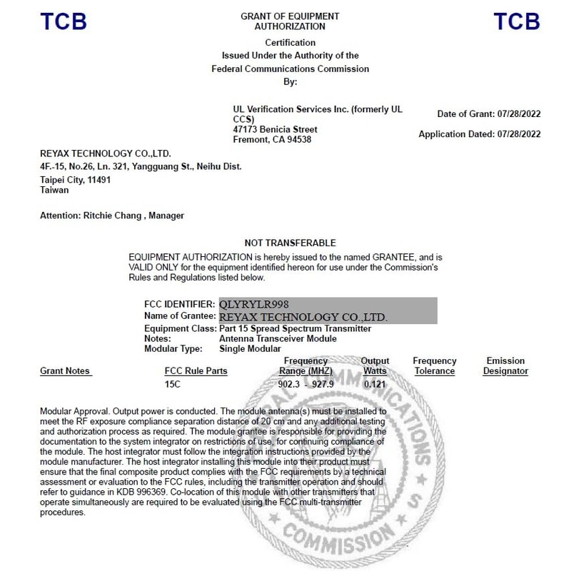 REYAX RYLR998 UART Interface 868/915 MHz Lora Module with Antenna