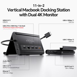 MacBook Docking Station Dual Monitor, USB C Dock Stand for MacBook Pro with 2X 4K@60Hz HDMI, 100W PD, RJ45, 10Gbps Data, SD/TF, 3.5mm Audio, USB 2.0 for for MacBook Pro/Air M4/M5 -Black