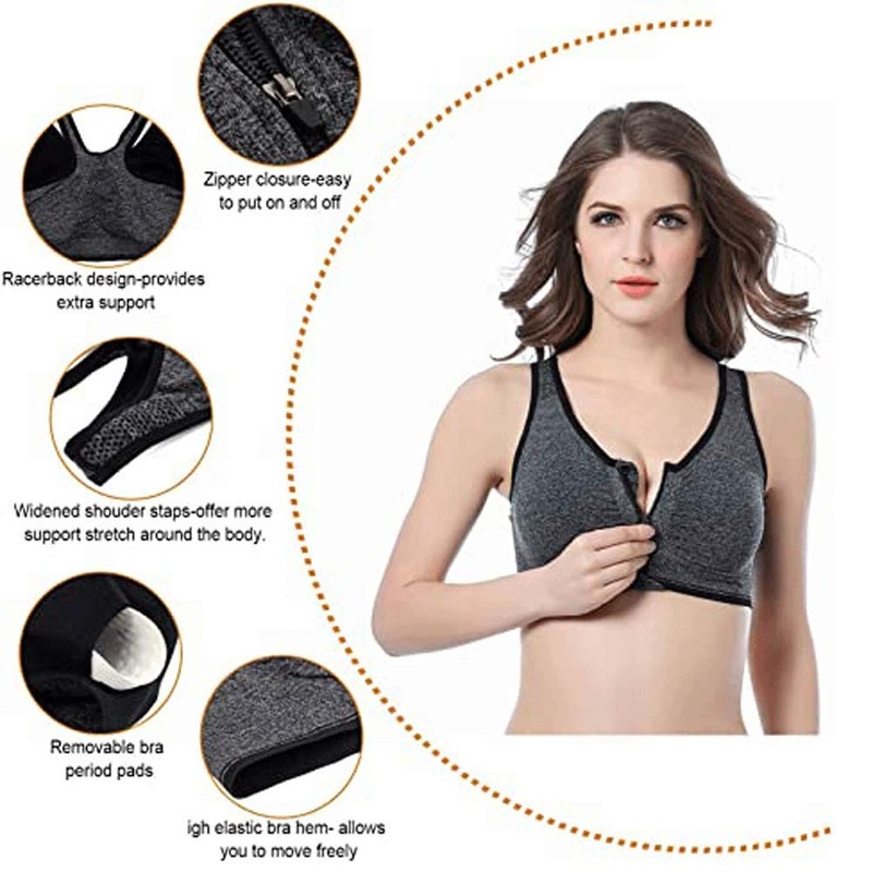 WANAYOU Women's Zip Front Sports Bra Wireless Post-Surgery Bra Active