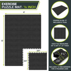 ProsourceFit Exercise Puzzle Mat ½-in, Checkered EVA Foam Floor Tiles w/Non-Slip Texture, Gym Mat w/Interlocking Foam Tiles for Adjustable Surface, Shock Absorbing, Waterproof Gym Flooring, Black