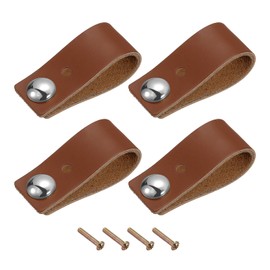 sourcing map Leather Drawer Pulls, 2.56" 4Pcs Leather Furniture Handles Drawer Knobs Pulls with Screws for Dressers Drawers Cabinet Doors, Brown/Silver