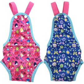 FUNNYDOGCLOTHES Pack of 2 Female Dog Diapers Sanitary Pantie Washable Reusable with Suspenders Stay On for Small Pet (XS: Waist 12" - 14", Pink Celebration and Blue Flowers)
