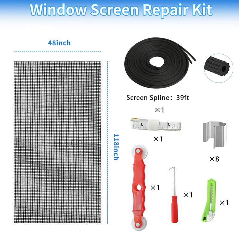 Window Screen Repair Kit 48"x118" - Includes Full Tools Set