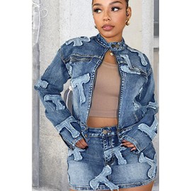 Molilove Women's Fall 2 Piece Skirt Set Long Sleeve Denim Jacket With Denim Skirts Set Two Piece Tracksuit Set Loungewear