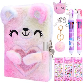 FRIUSATE Diary with Lock for Girls‘s Secret Fluffy Notebook and Pen Stationary Sets for Girls Teenager Kids with Coin Purse Keychain Stickers Ballpoint Pen Kids Writing Pink Stationary Sets